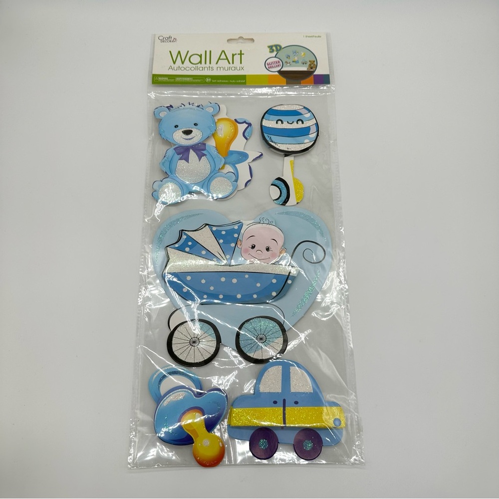 Baby Boy Nursery Wall Art Stickers 3D Glitter Teddy Bear Pacifier, Rattle Decor